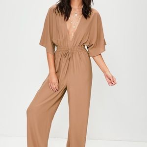 Tan Wide Leg Plunge Gathered Waist Jumpsuit